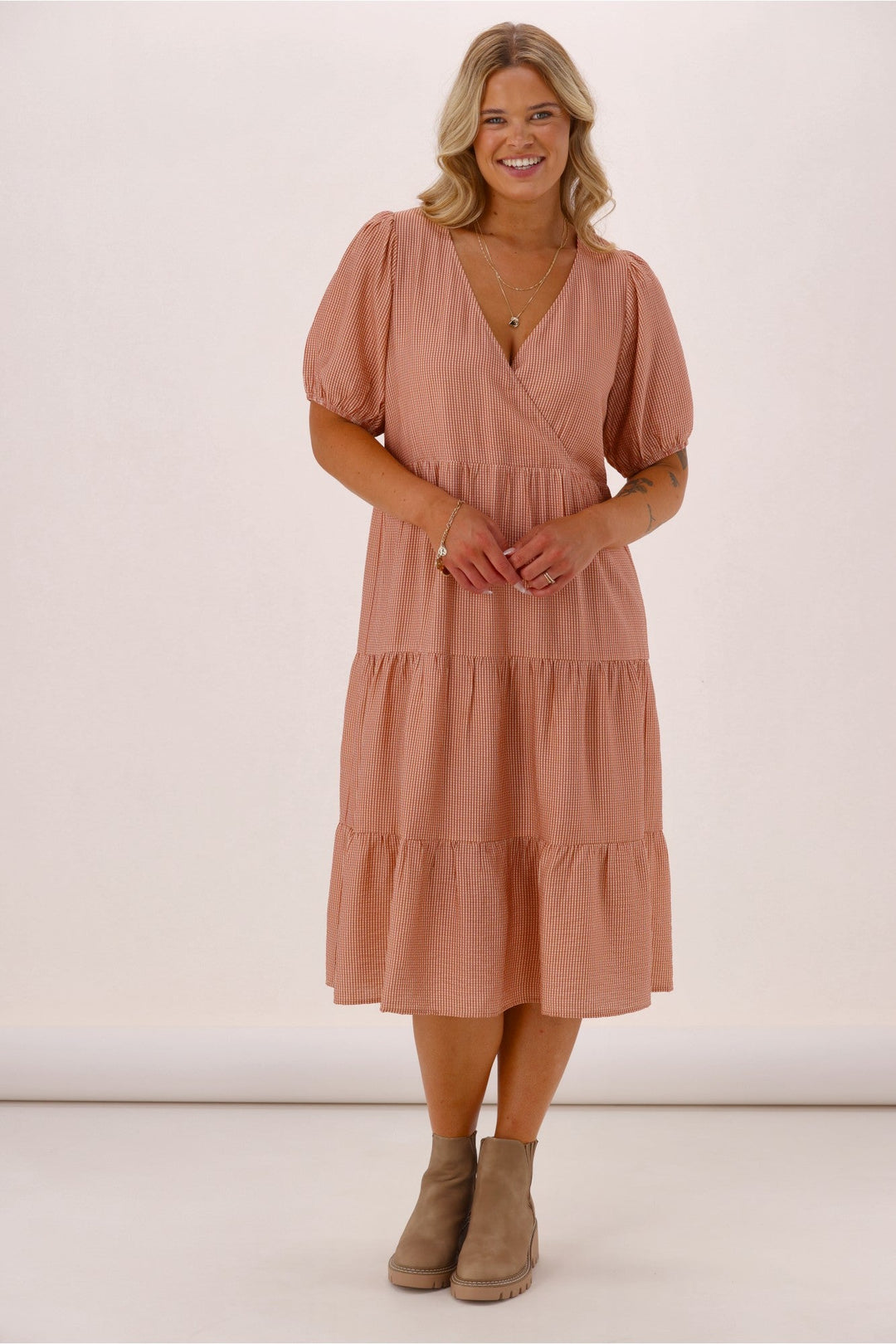 Shine On Label Bellezza V Neck Midi Dress Rust