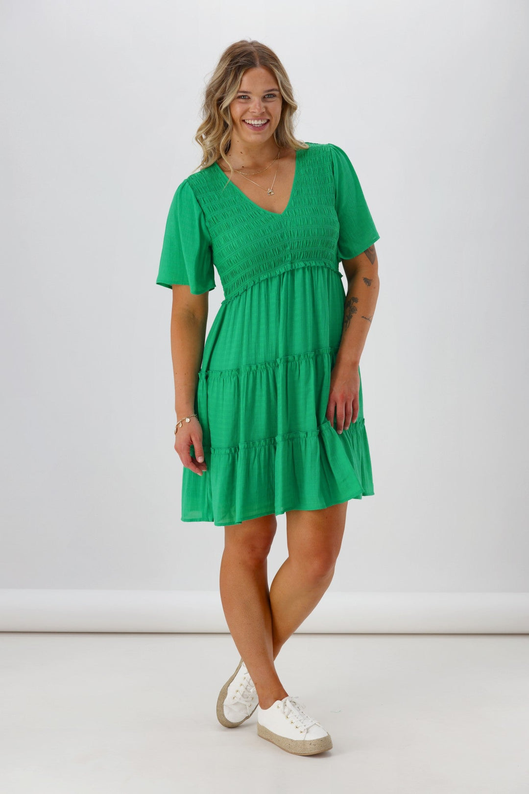 Label Birdie Shirred Bodice Dress Green