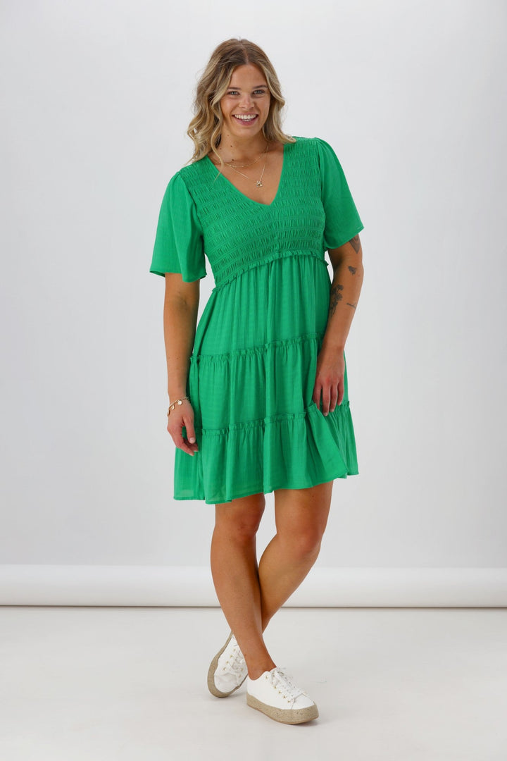 Label Birdie Shirred Bodice Dress Green