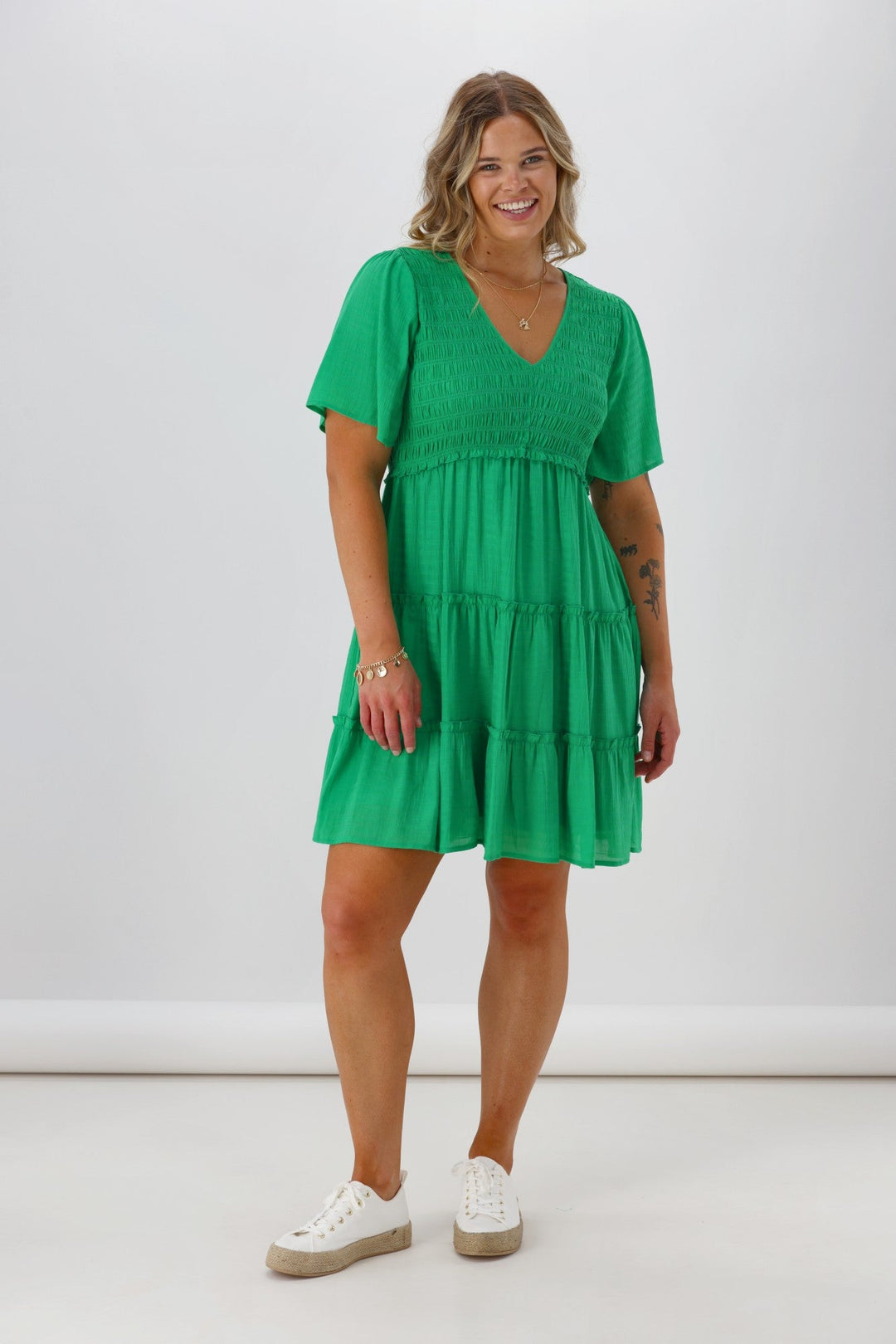 Label Birdie Shirred Bodice Dress Green