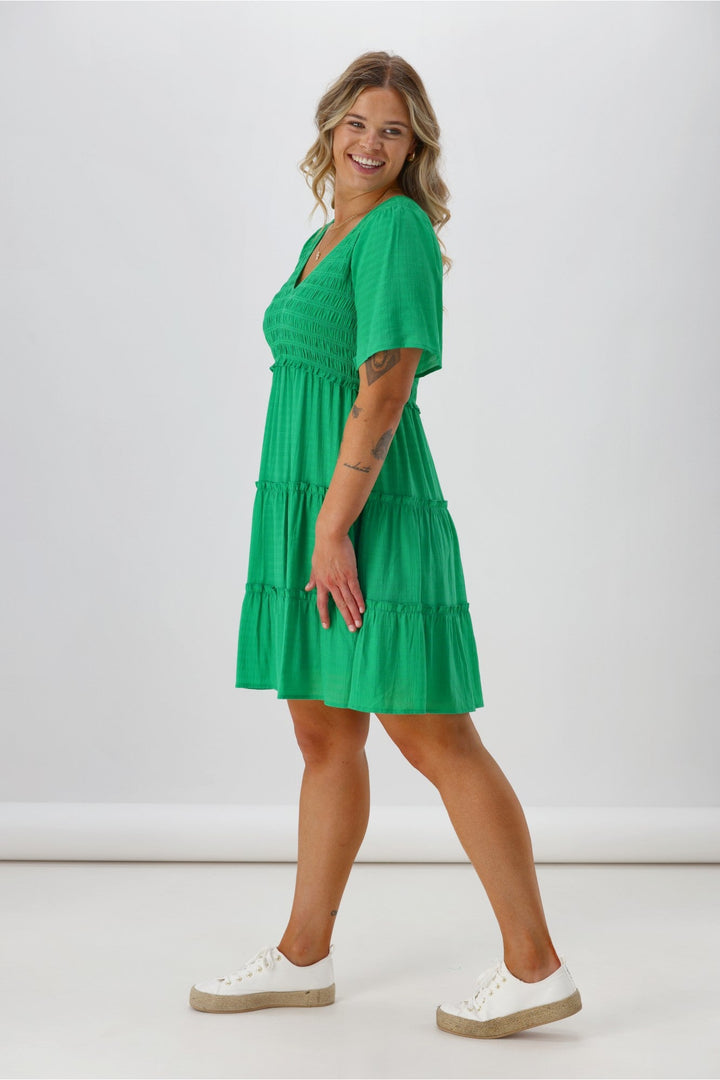 Label Birdie Shirred Bodice Dress Green