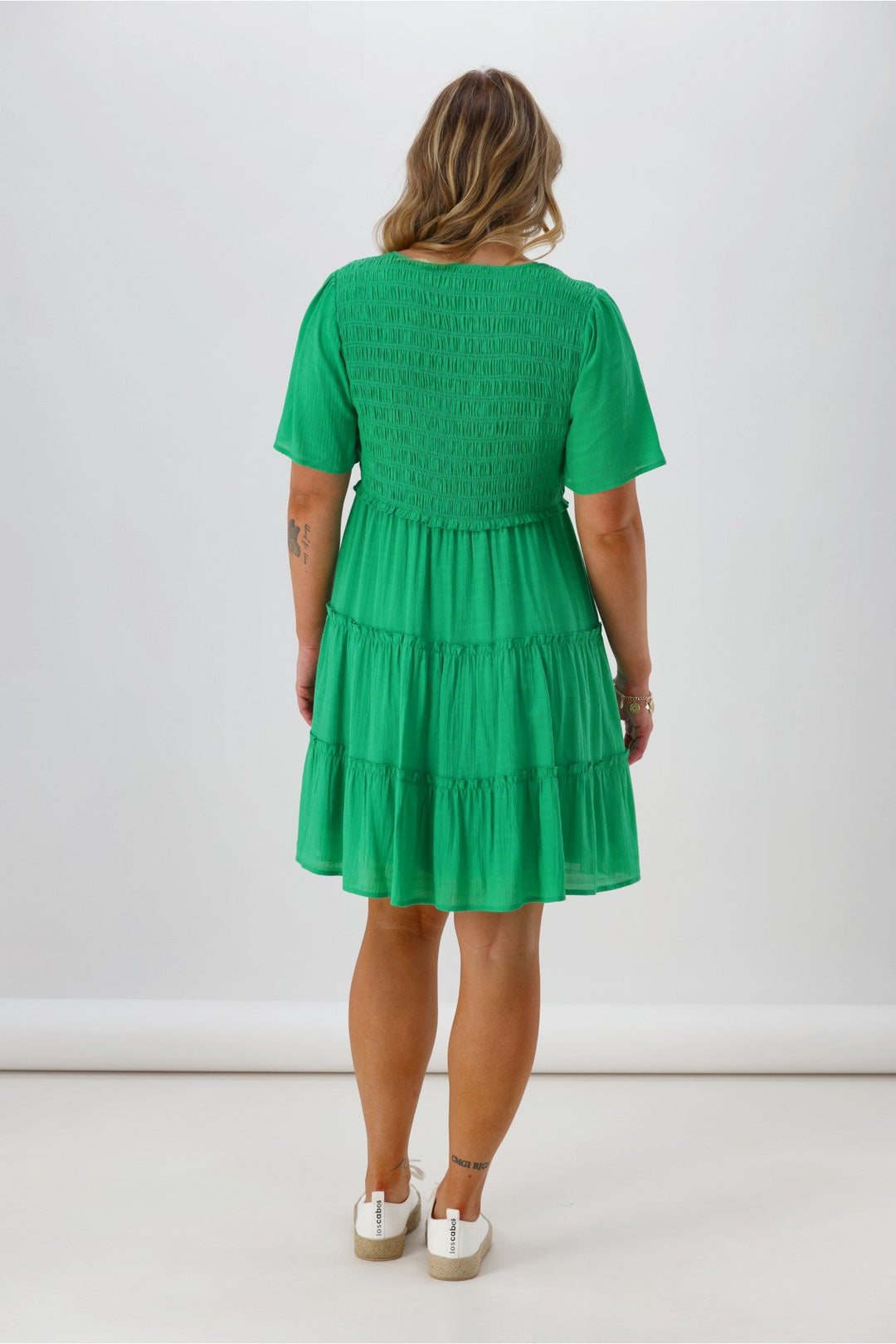 Label Birdie Shirred Bodice Dress Green