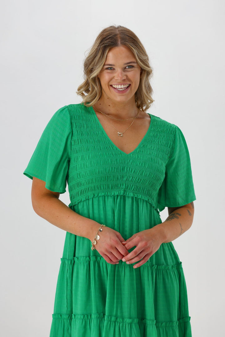 Label Birdie Shirred Bodice Dress Green