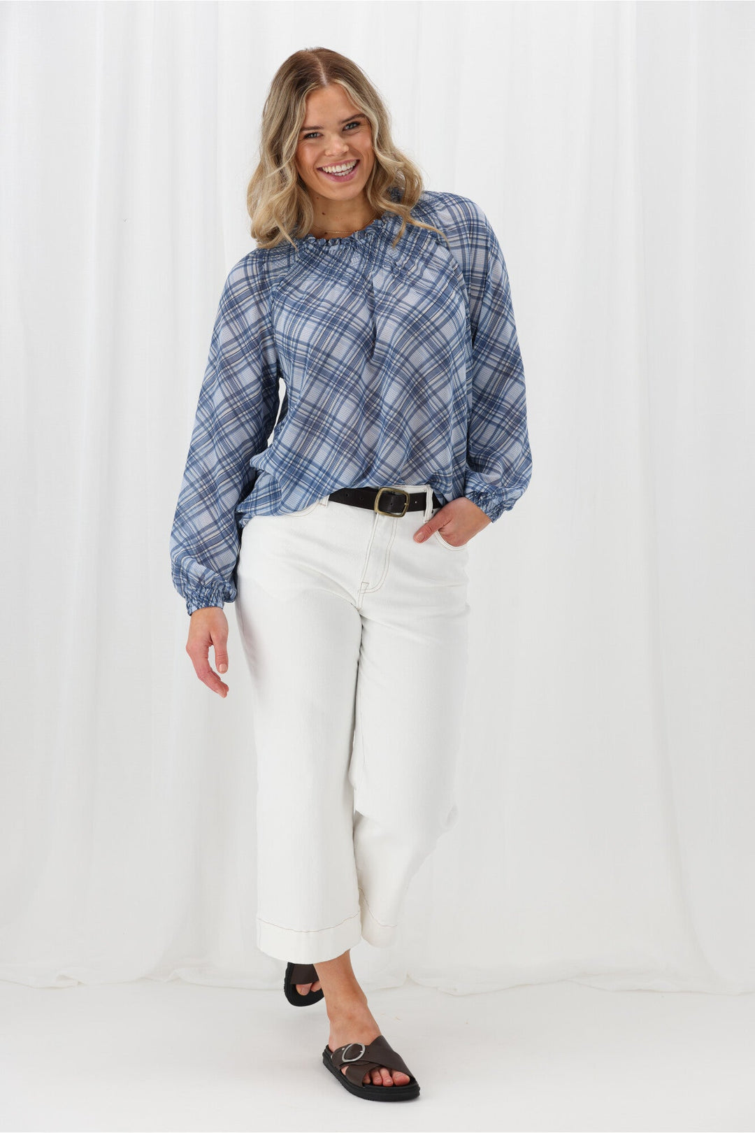 Label Carlisle Shirred Top Blue Check