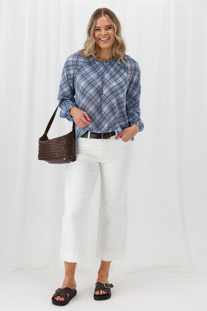 Label Carlisle Shirred Top Blue Check