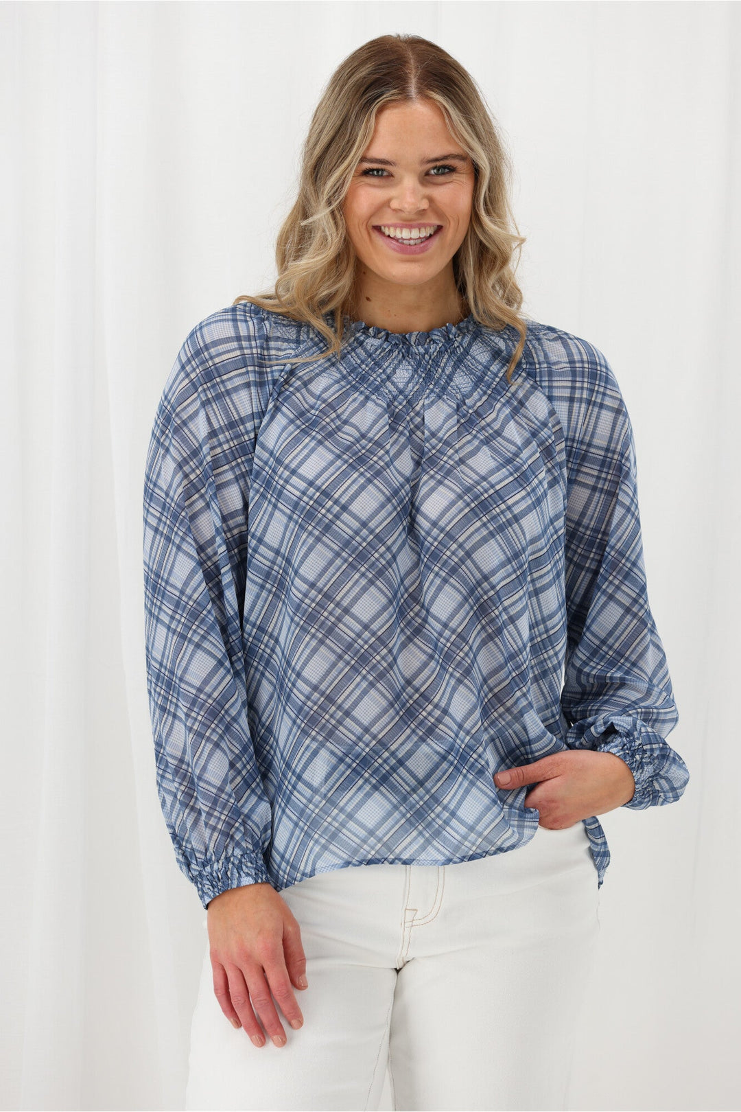 Label Carlisle Shirred Top Blue Check