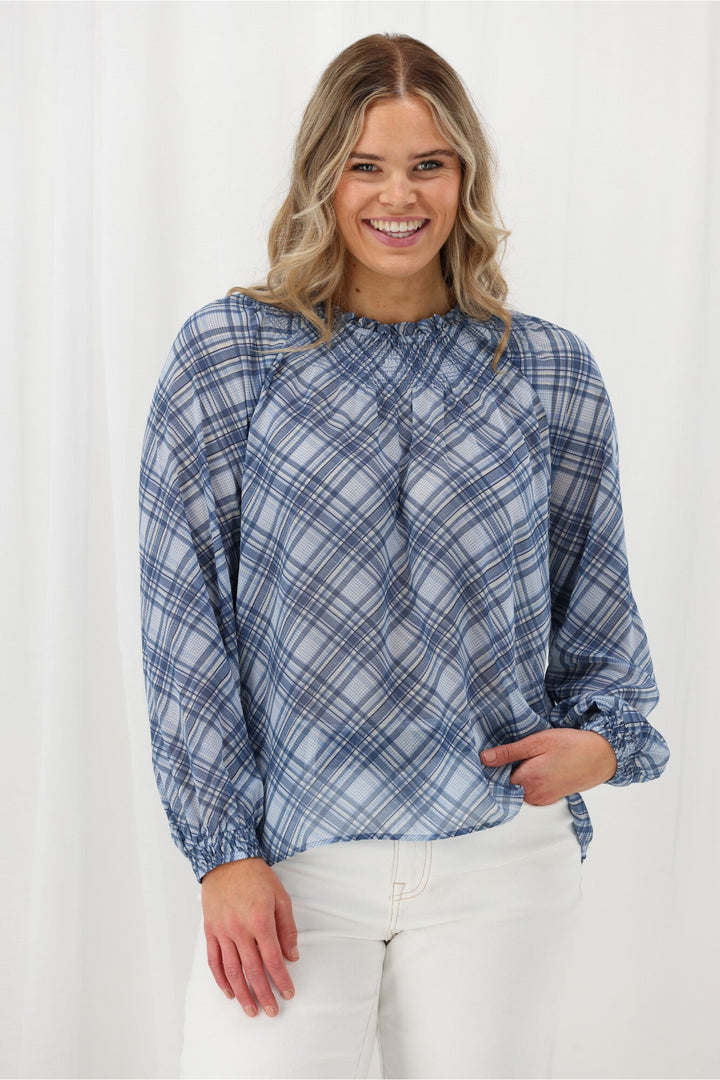 Label Carlisle Shirred Top Blue Check