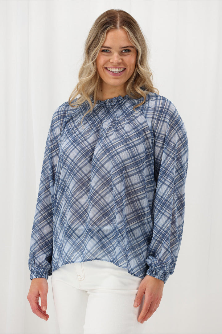 Label Carlisle Shirred Top Blue Check
