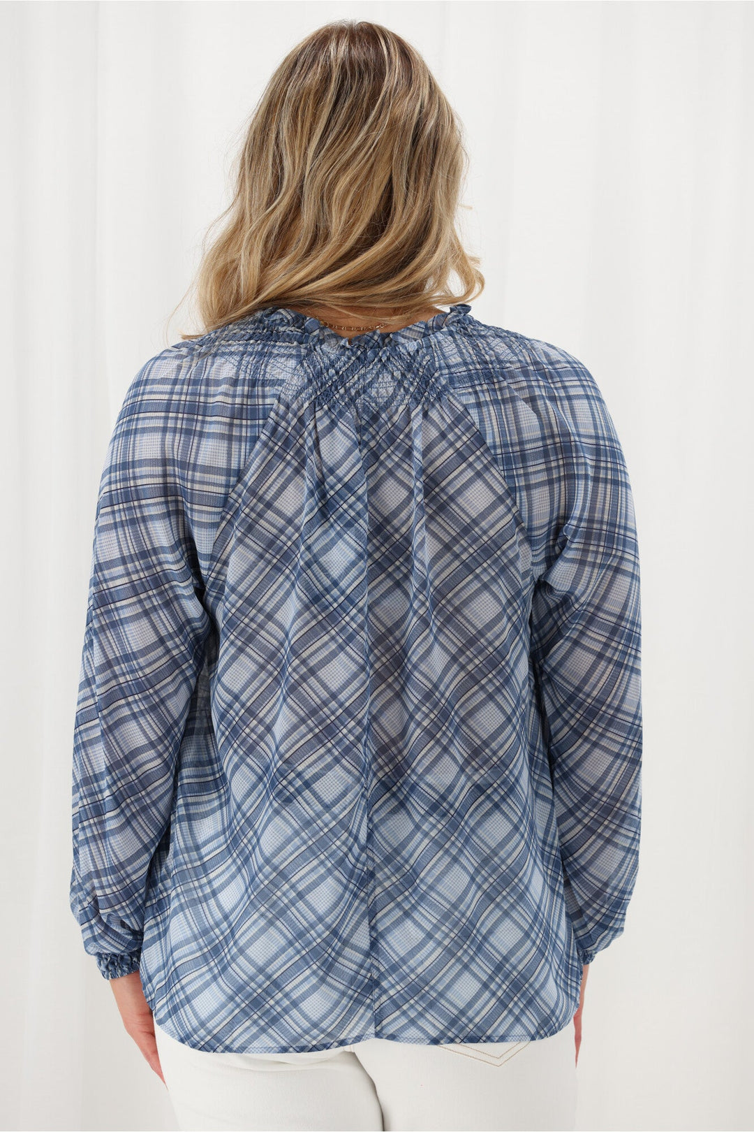 Label Carlisle Shirred Top Blue Check