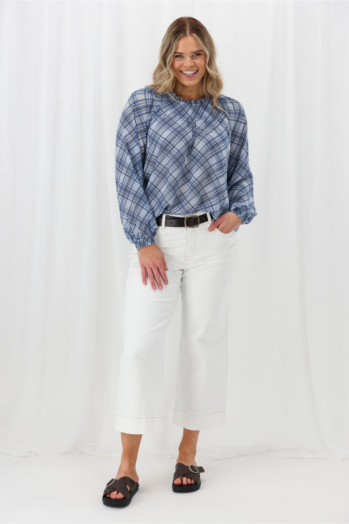 Label Carlisle Shirred Top Blue Check
