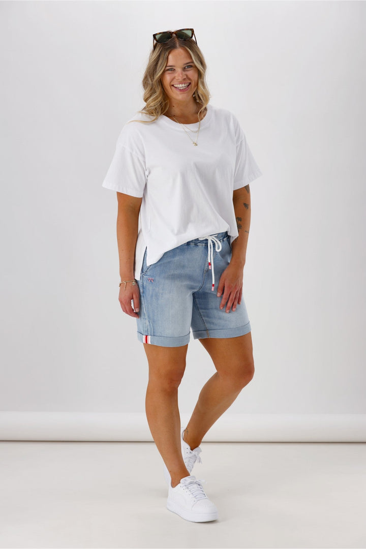 Label Cherry Elastic Waist Denim  Short Washed Blue