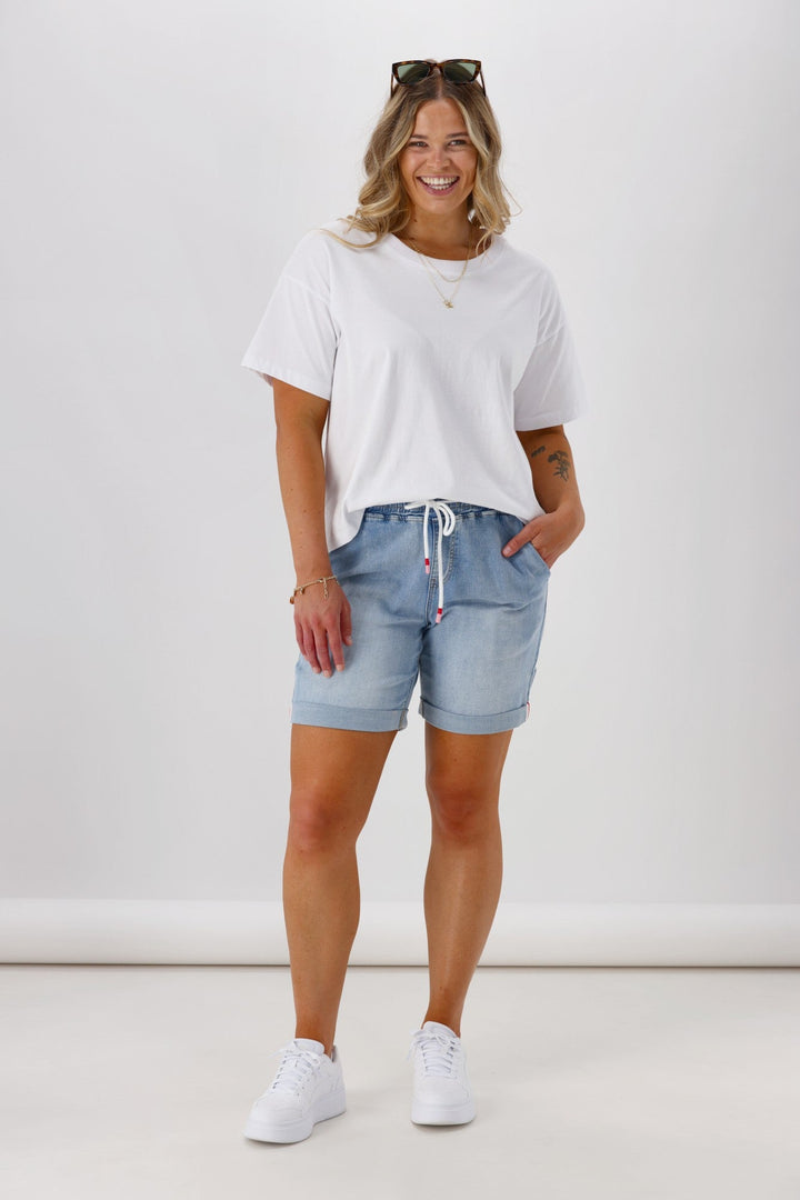 Label Cherry Elastic Waist Denim  Short Washed Blue