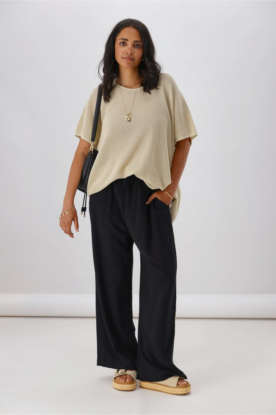 Label Dario Side Stripe Wide Leg Pants Black