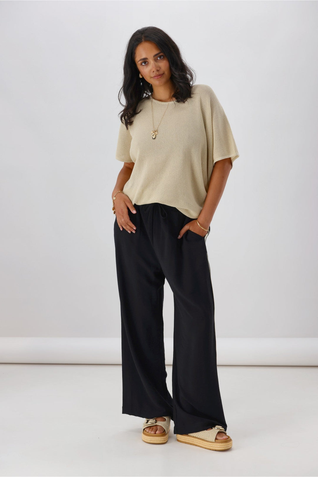 Label Dario Side Stripe Wide Leg Pants Black