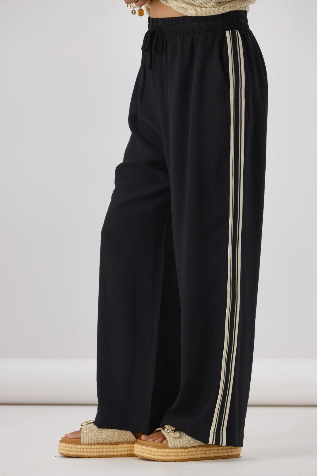 Label Dario Side Stripe Wide Leg Pants Black