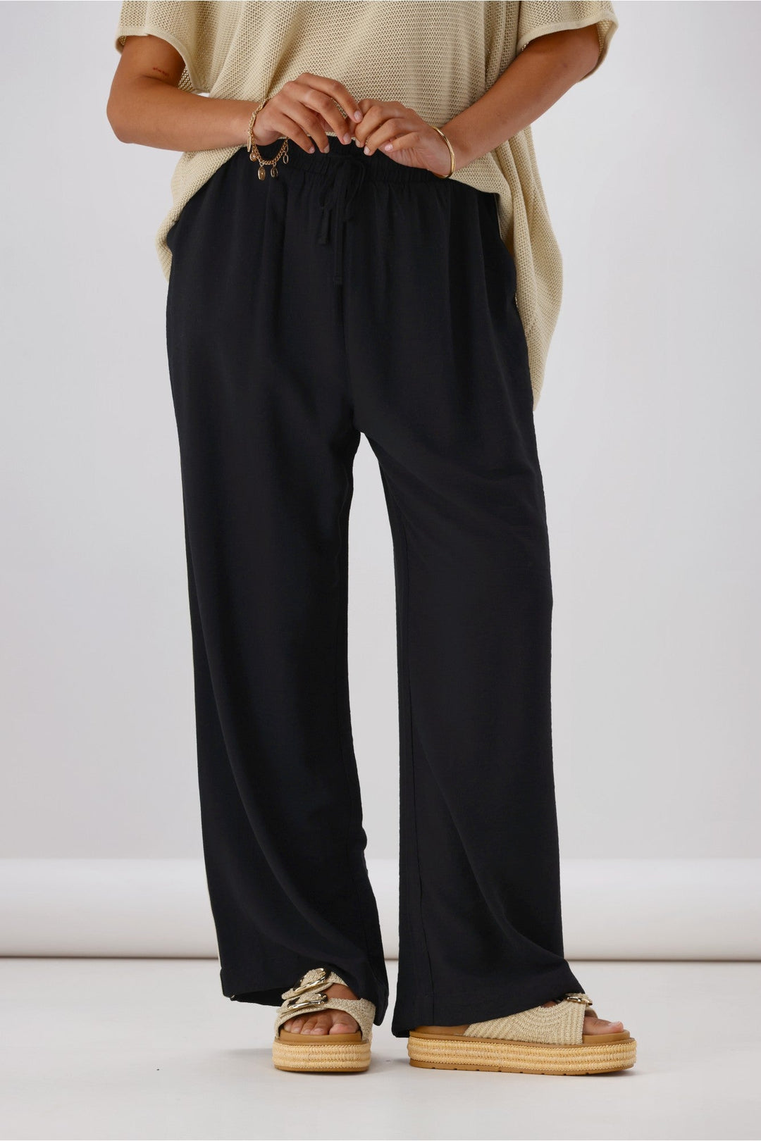 Label Dario Side Stripe Wide Leg Pants Black