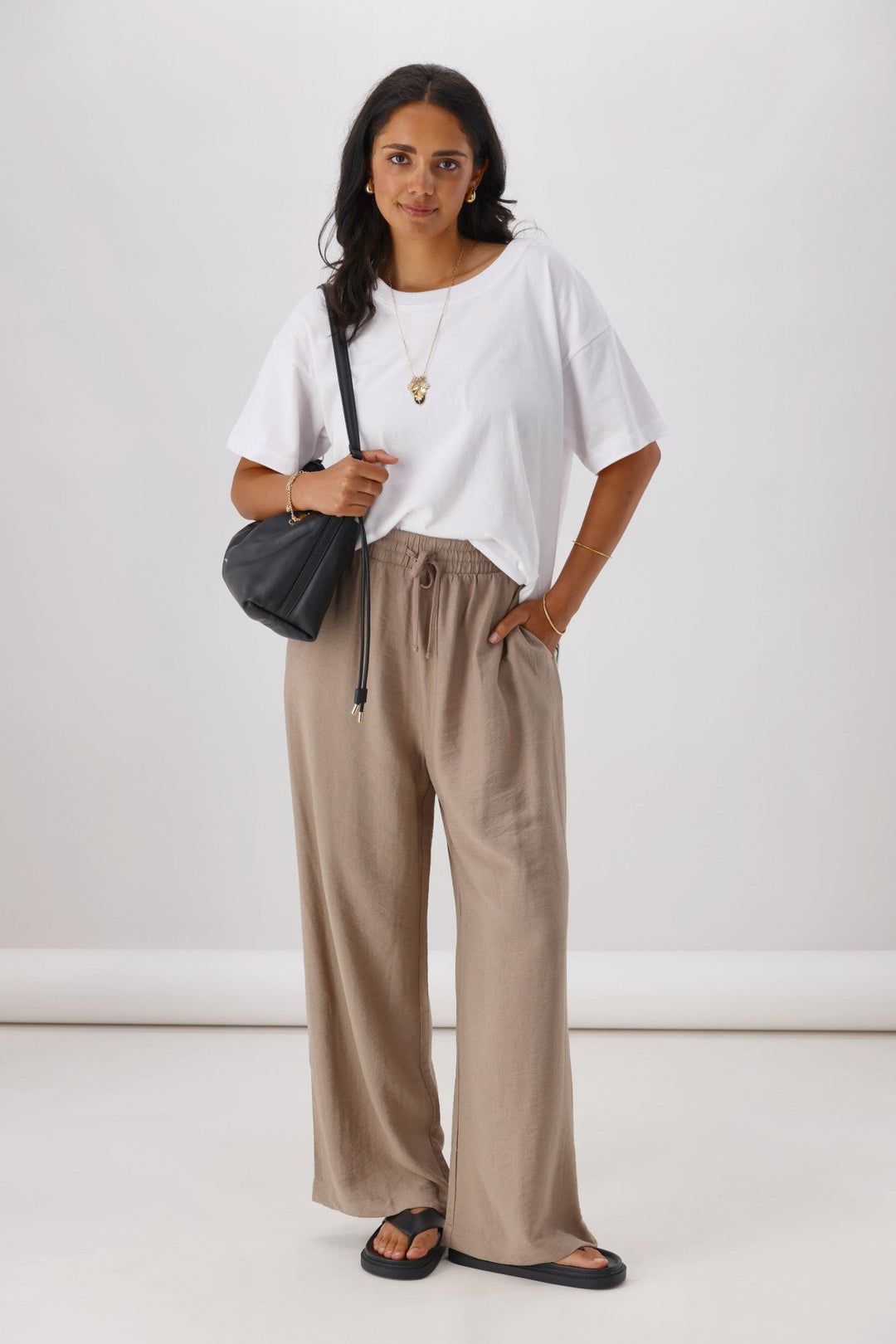 Label Dario Side Stripe Wide Leg Pants Latte