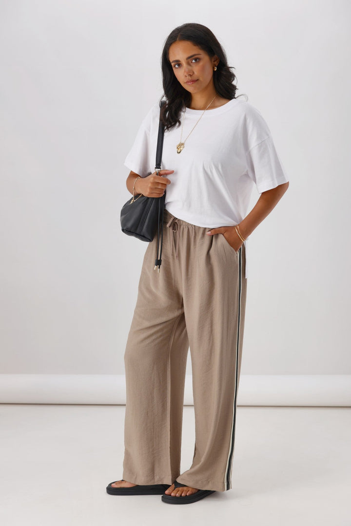 Label Dario Side Stripe Wide Leg Pants Latte