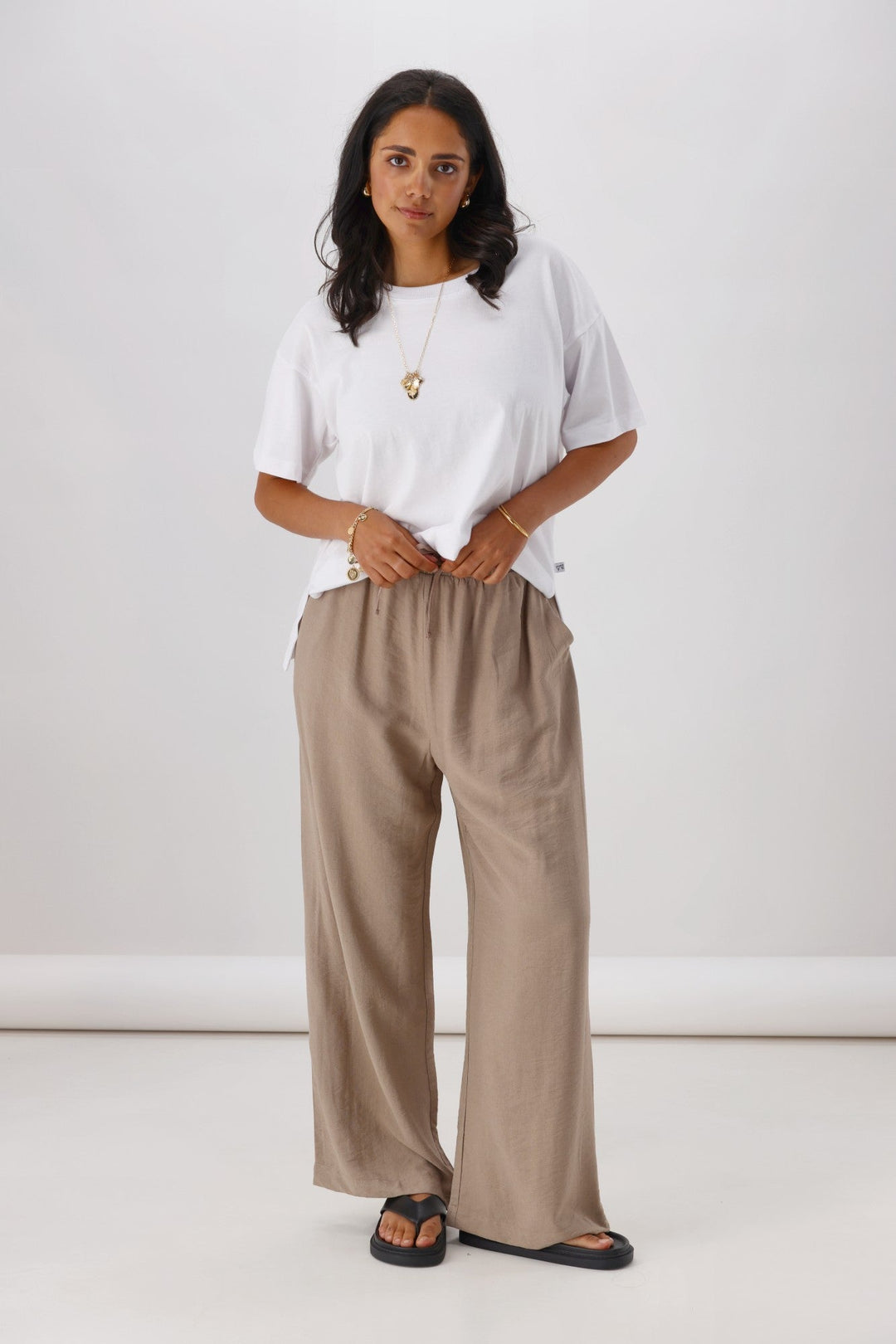 Label Dario Side Stripe Wide Leg Pants Latte