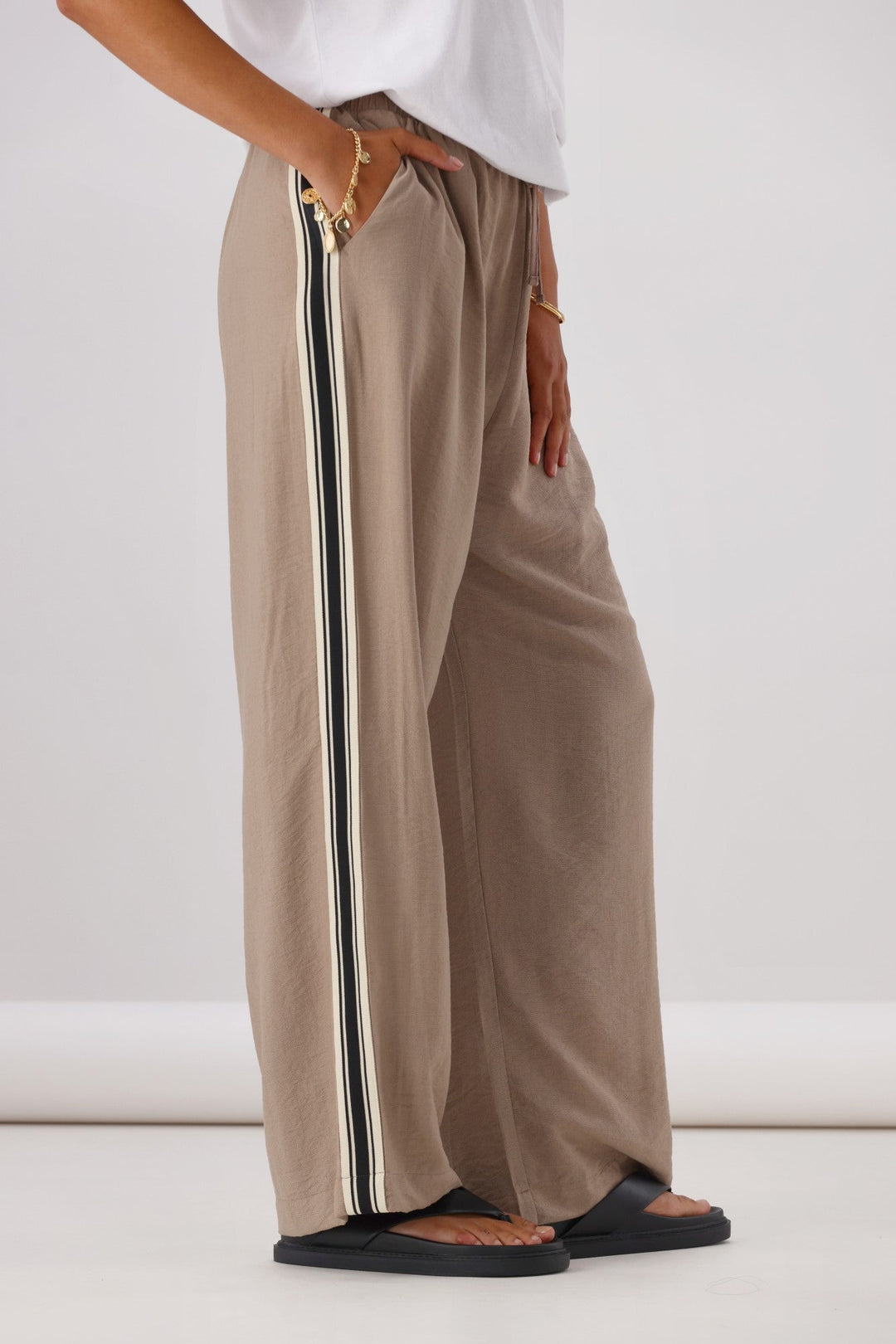 Label Dario Side Stripe Wide Leg Pants Latte