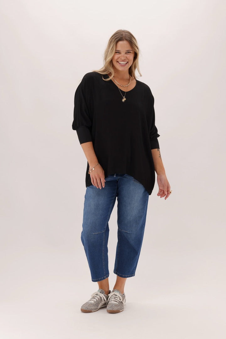 Label 3/4 Sleeve Drape Top Black