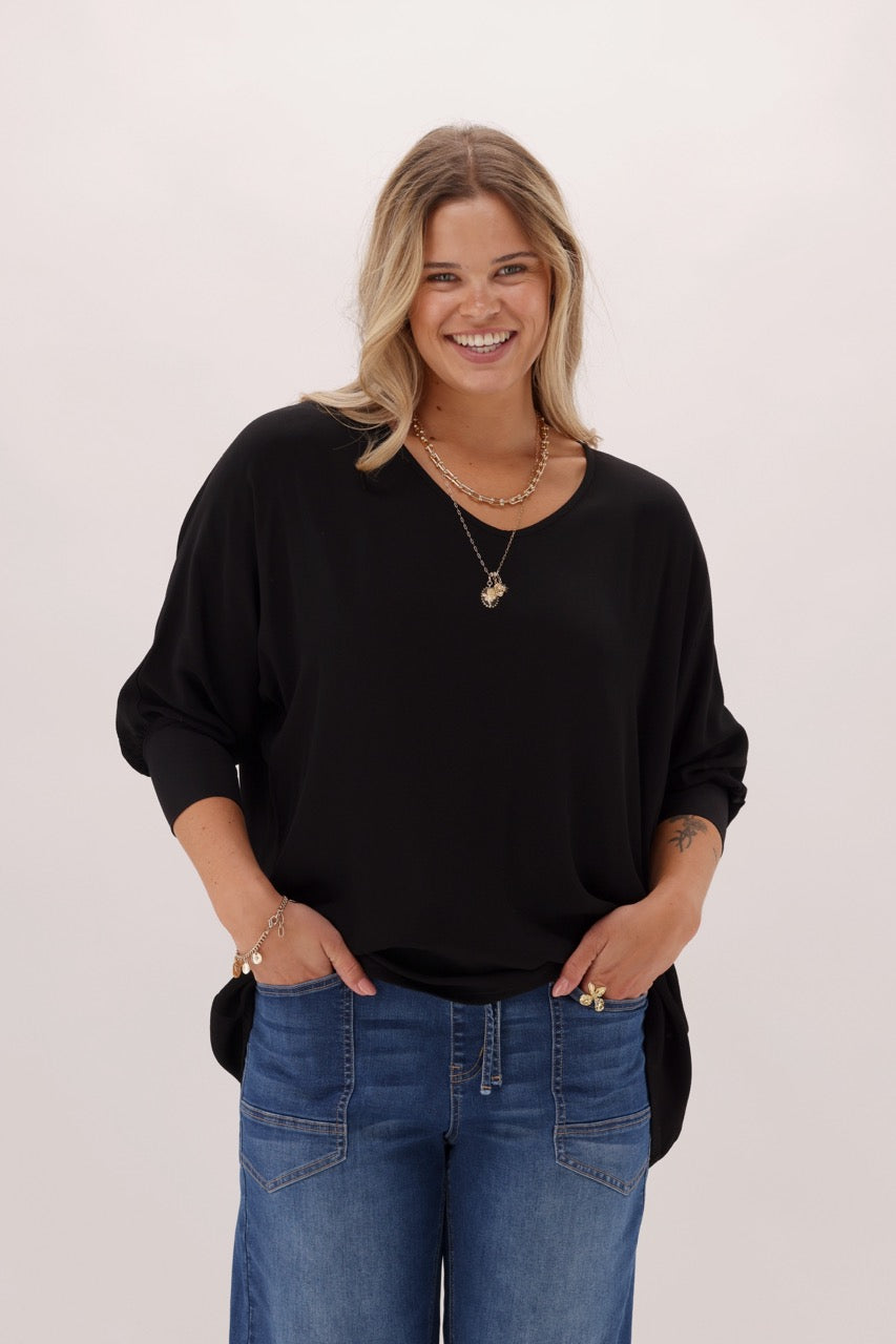 Label 3/4 Sleeve Drape Top Black