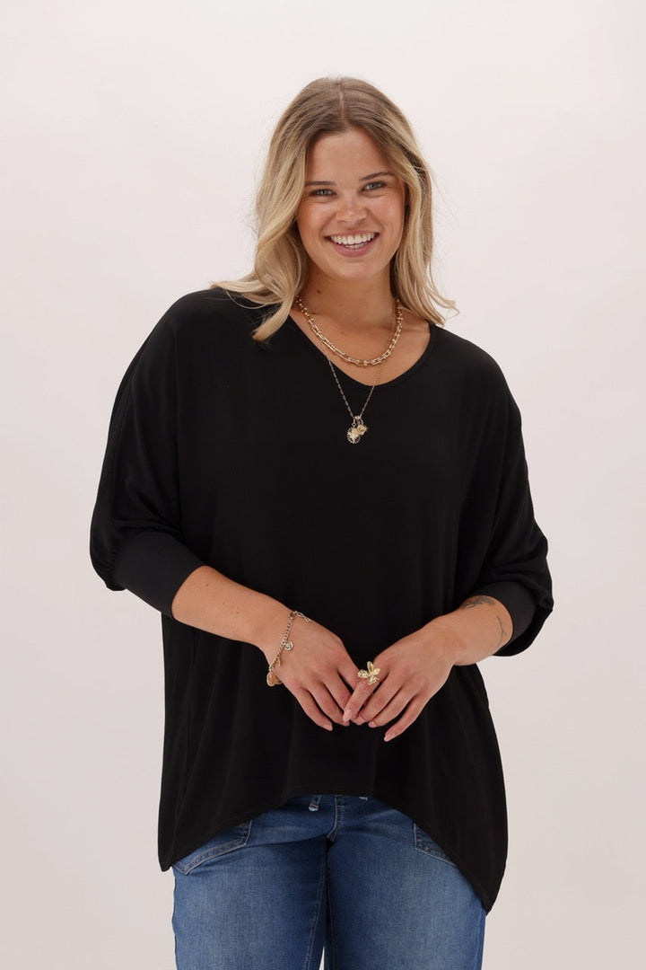 Label 3/4 Sleeve Drape Top Black