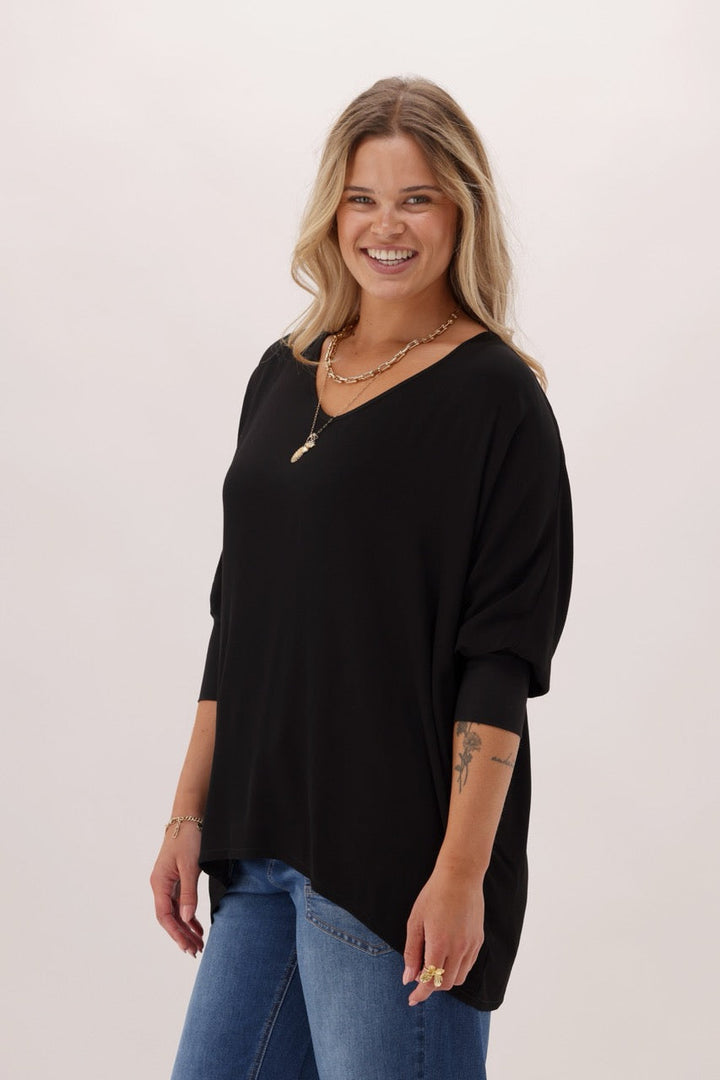 Label 3/4 Sleeve Drape Top Black