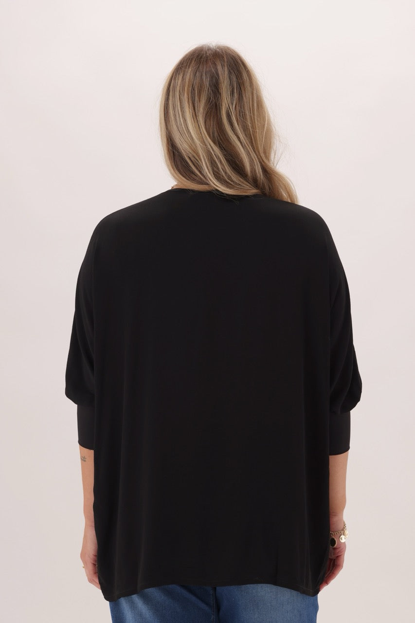 Label 3/4 Sleeve Drape Top Black