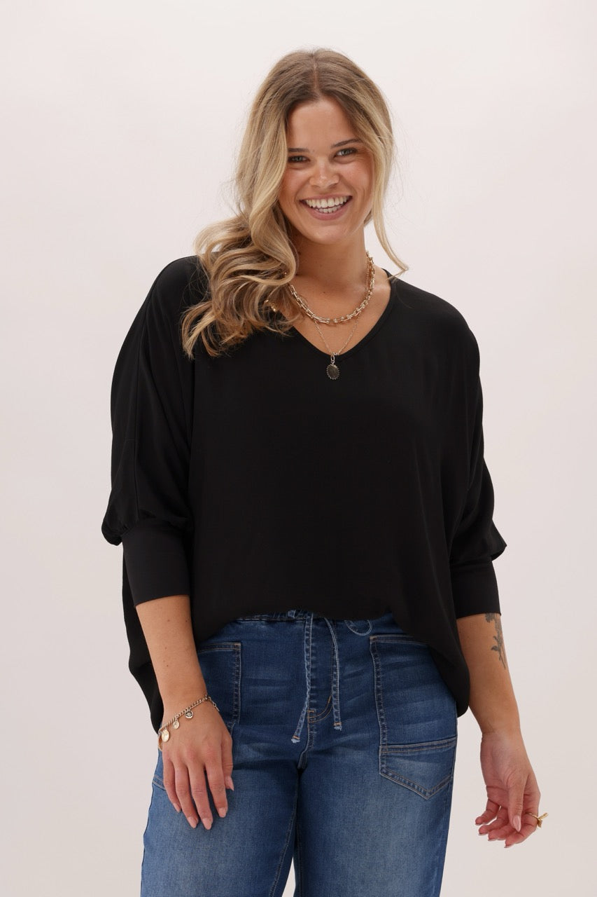 Label 3/4 Sleeve Drape Top Black