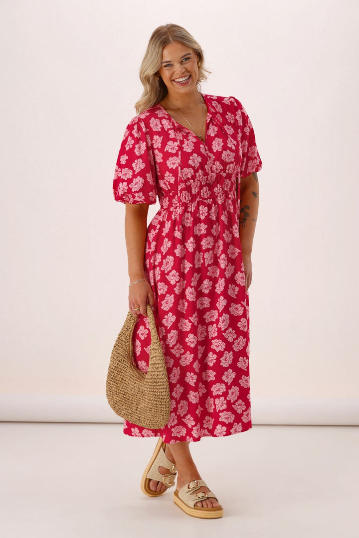 Label Echo Portofino V Neck Dress Berry Floral
