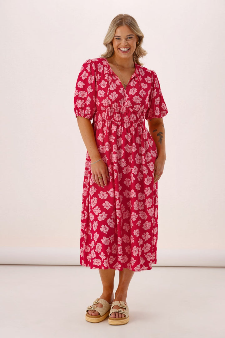 Label Echo Portofino V Neck Dress Berry Floral