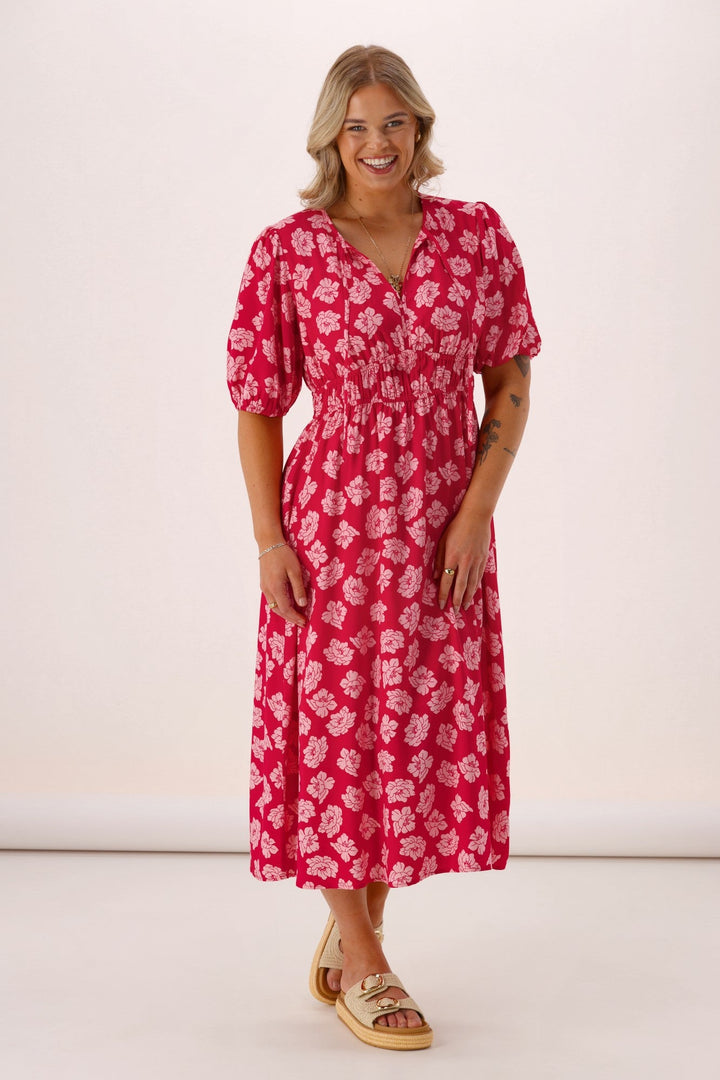 Label Echo Portofino V Neck Dress Berry Floral