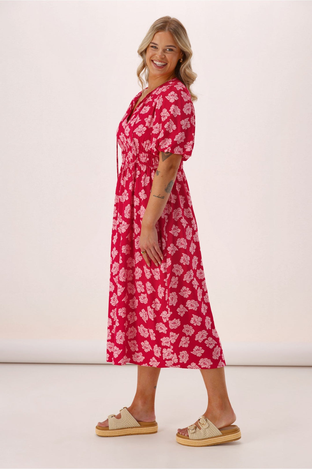 Label Echo Portofino V Neck Dress Berry Floral