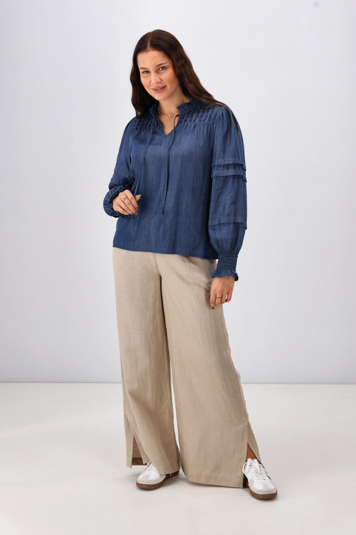 Label Elaina Chambray Tie Detail Top Indigo