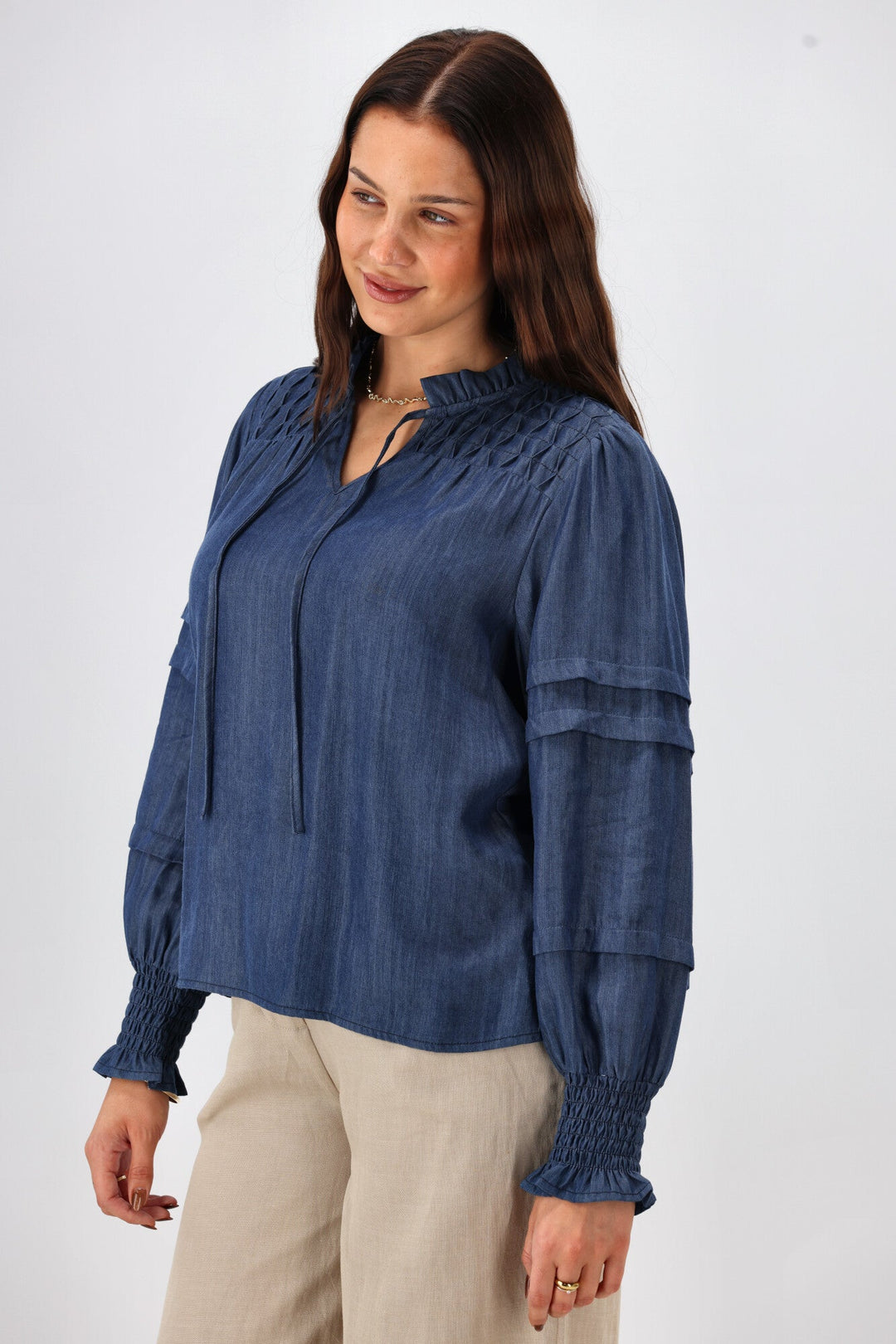 Label Elaina Chambray Tie Detail Top Indigo