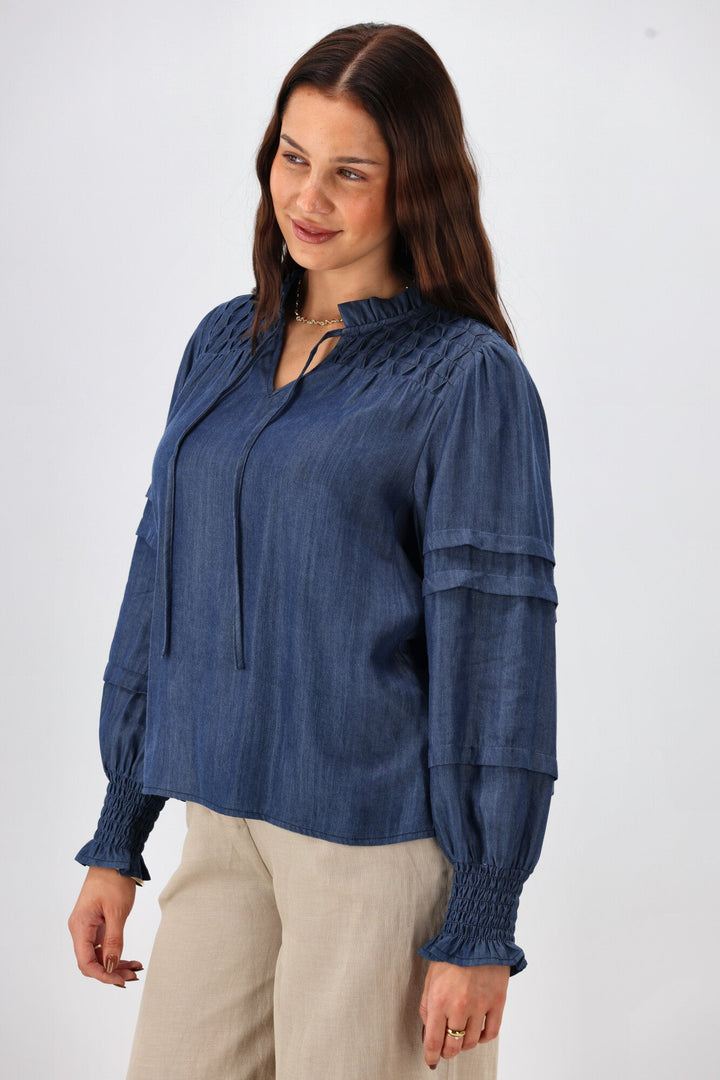 Label Elaina Chambray Tie Detail Top Indigo