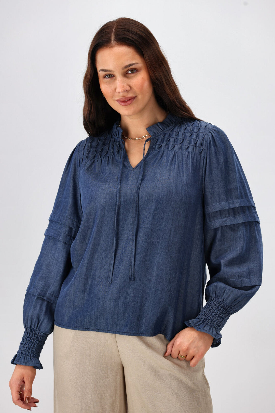 Label Elaina Chambray Tie Detail Top Indigo