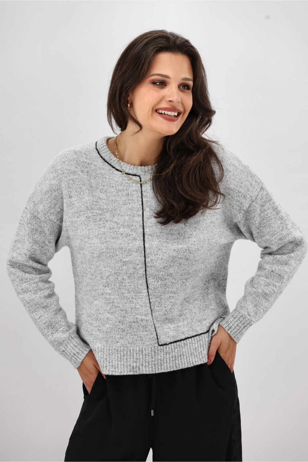 Label Excel Crew with Contrast Chain Link Detail Jumper Grey with Black