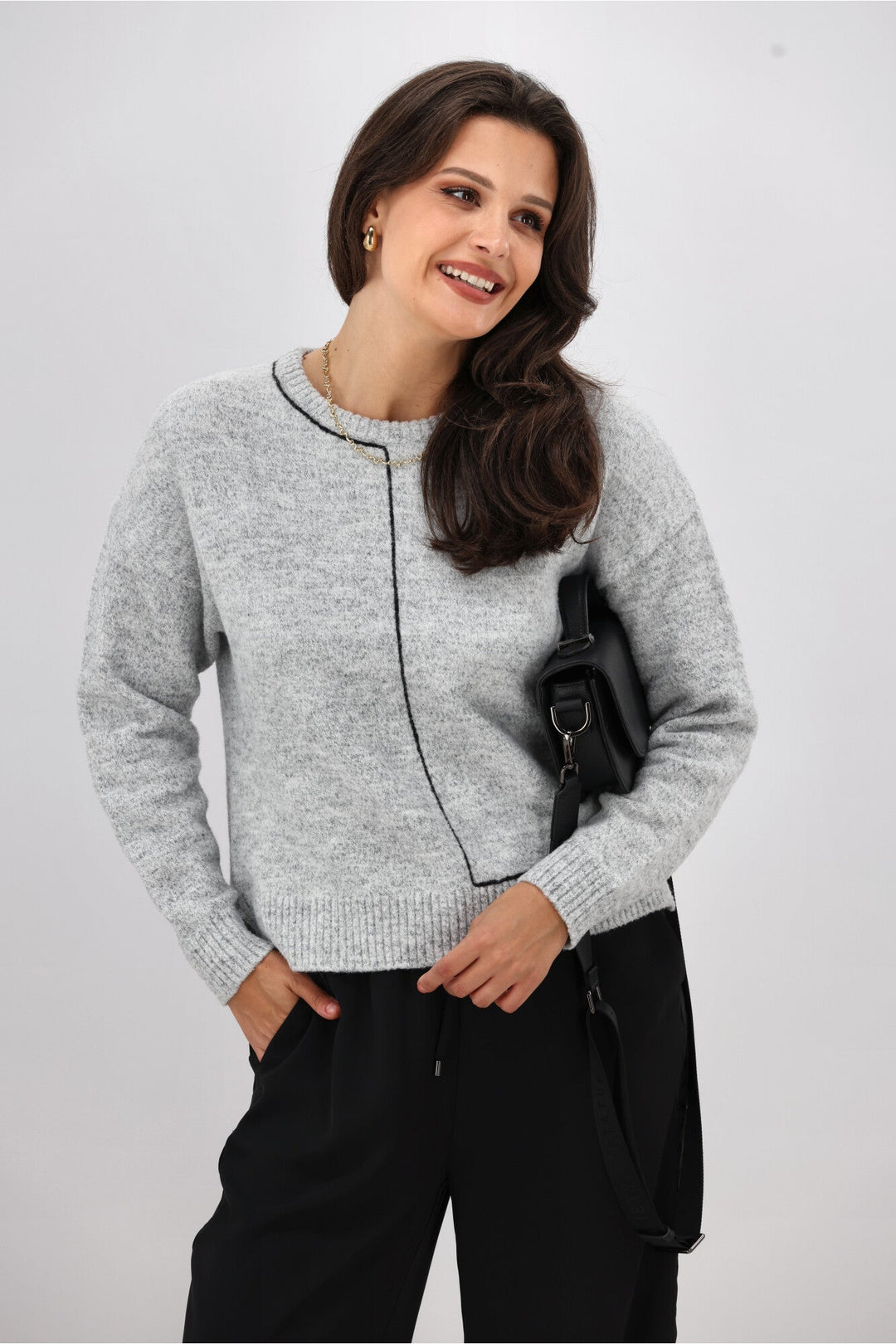 Label Excel Crew with Contrast Chain Link Detail Jumper Grey with Black