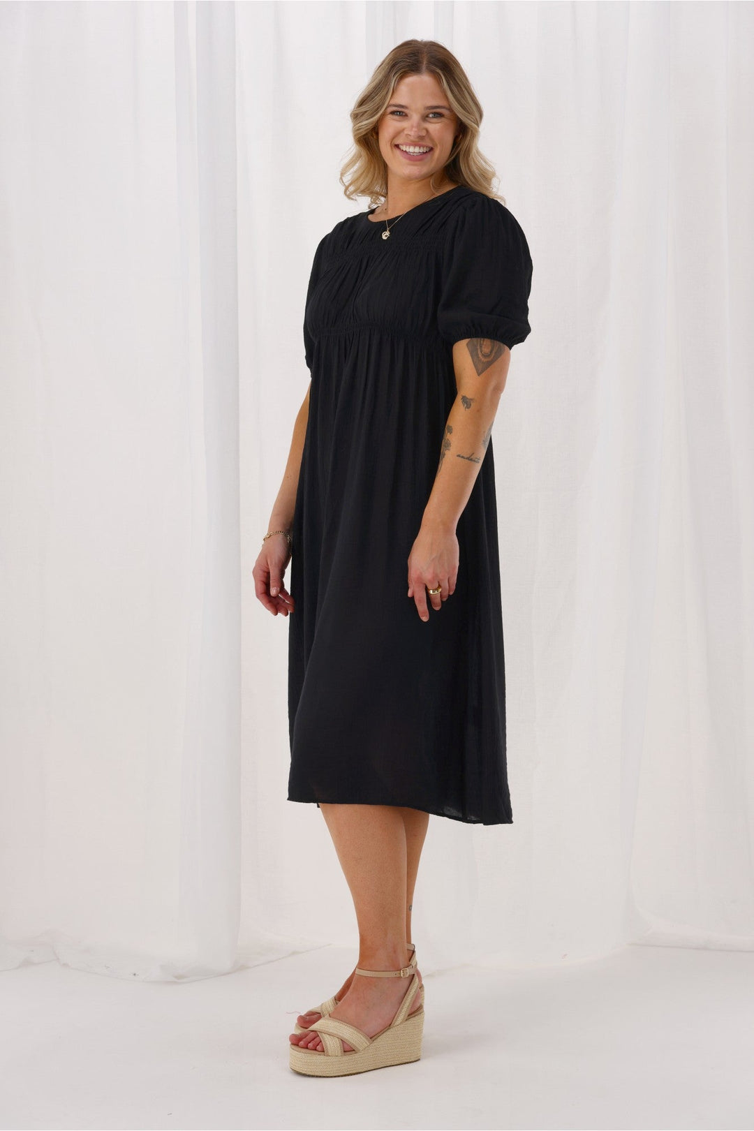 Label Harris Shirred Detail Dress Black