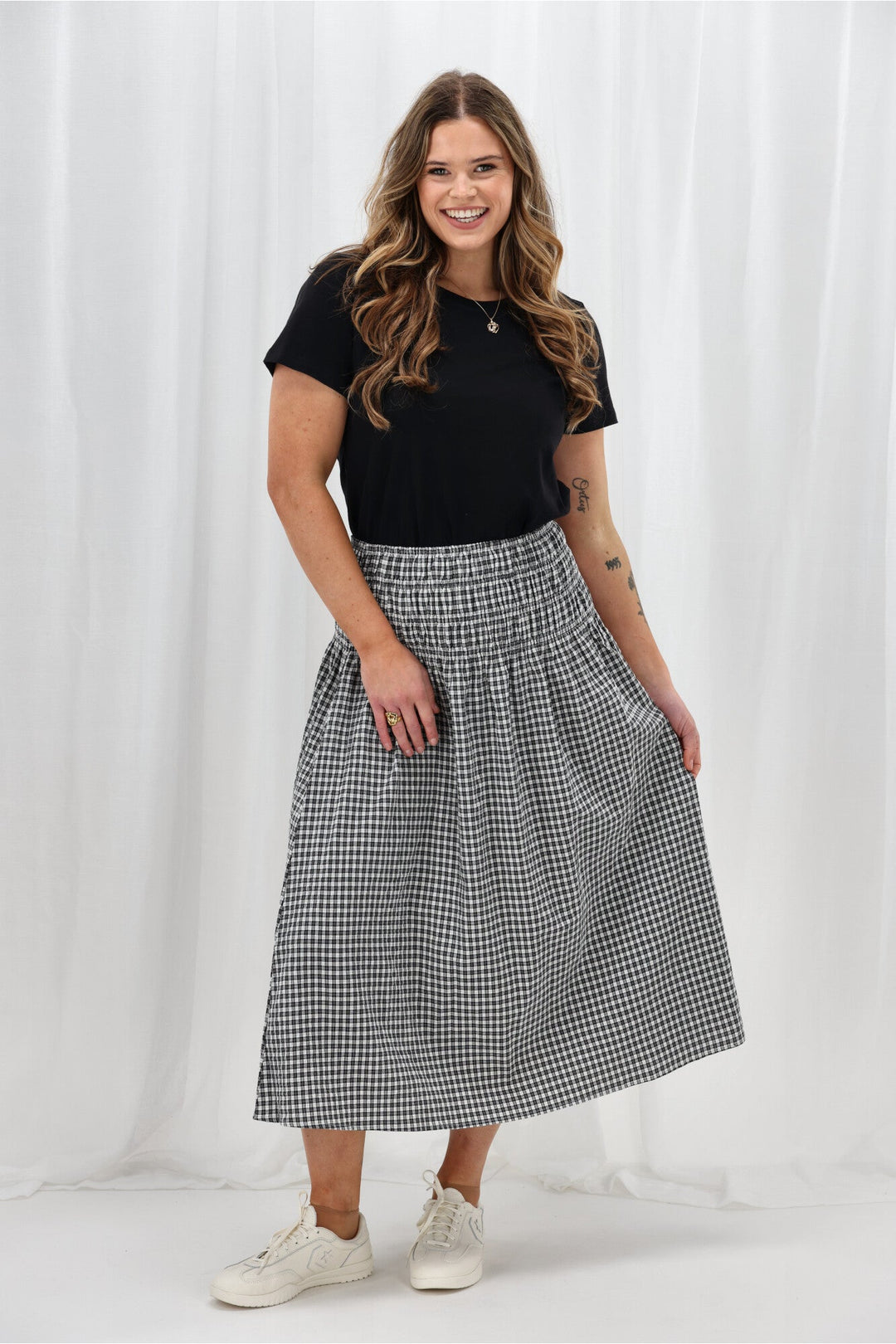 Label Haylene Shirred Waist Skirt Black Gingham