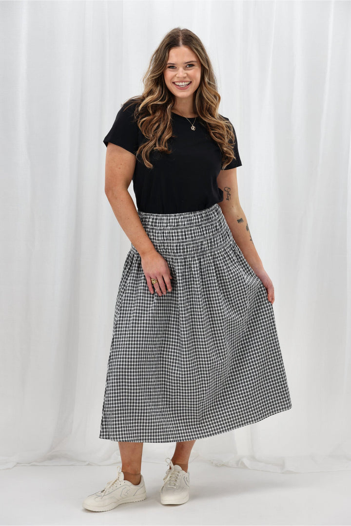 Label Haylene Shirred Waist Skirt Black Gingham