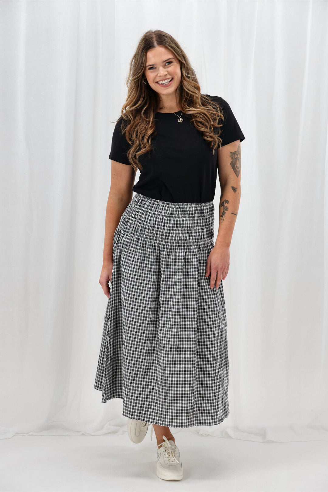 Label Haylene Shirred Waist Skirt Black Gingham