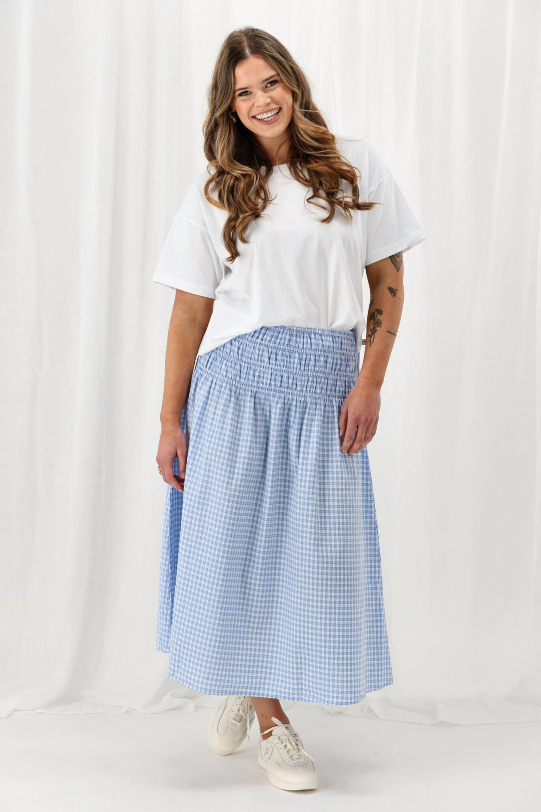 Label Haylene Shirred Waist Skirt Blue Gingham