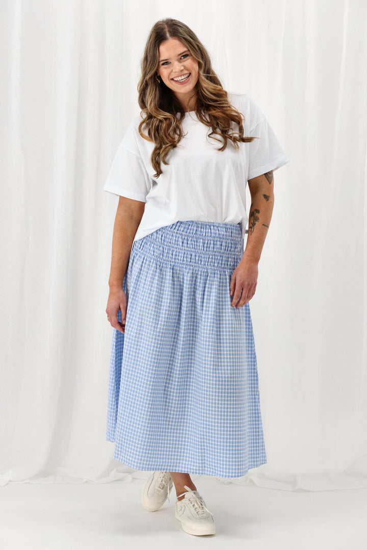 Label Haylene Shirred Waist Skirt Blue Gingham