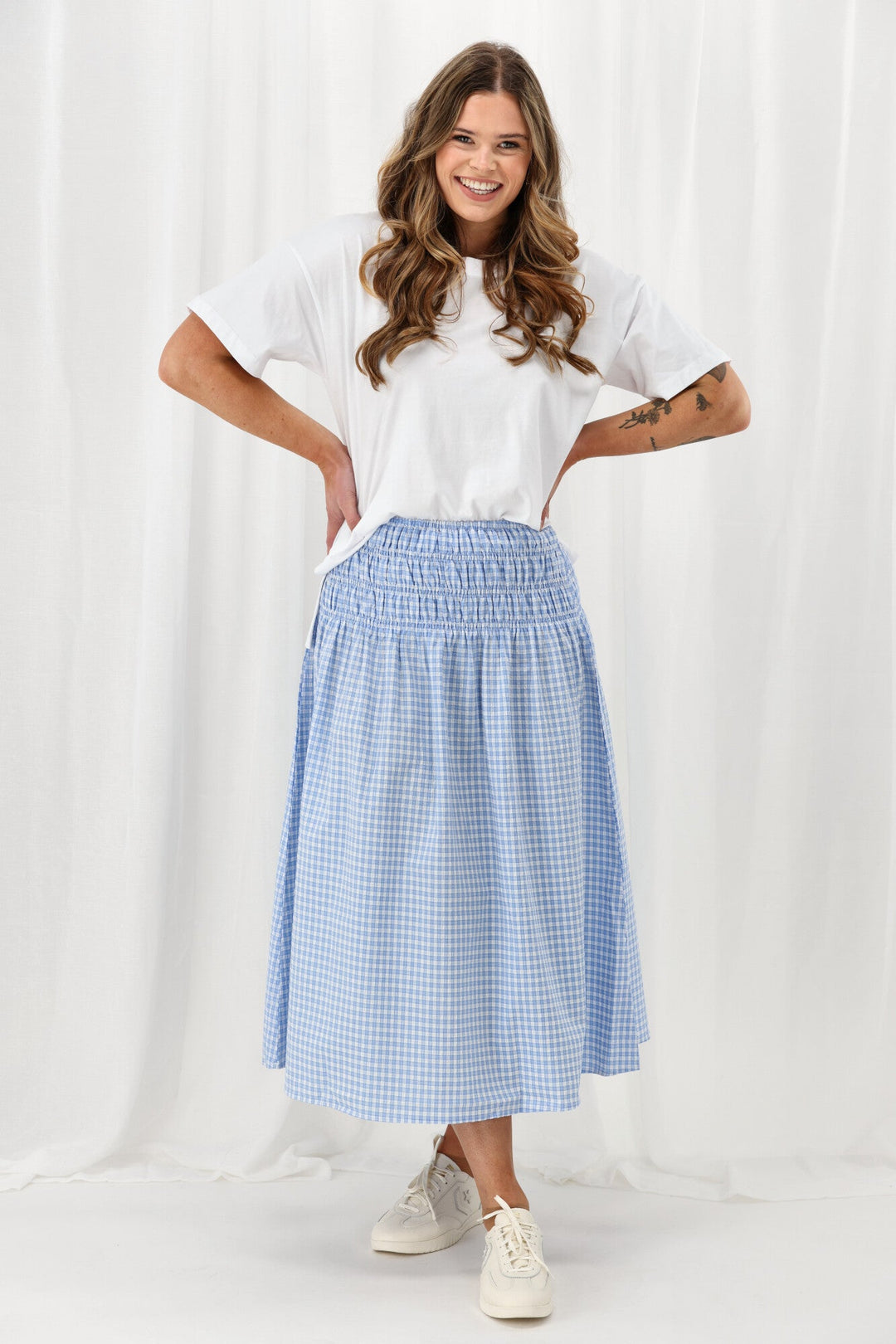 Label Haylene Shirred Waist Skirt Blue Gingham