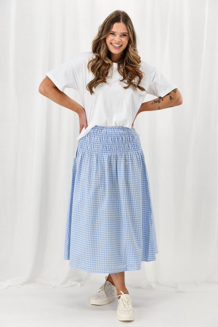 Label Haylene Shirred Waist Skirt Blue Gingham