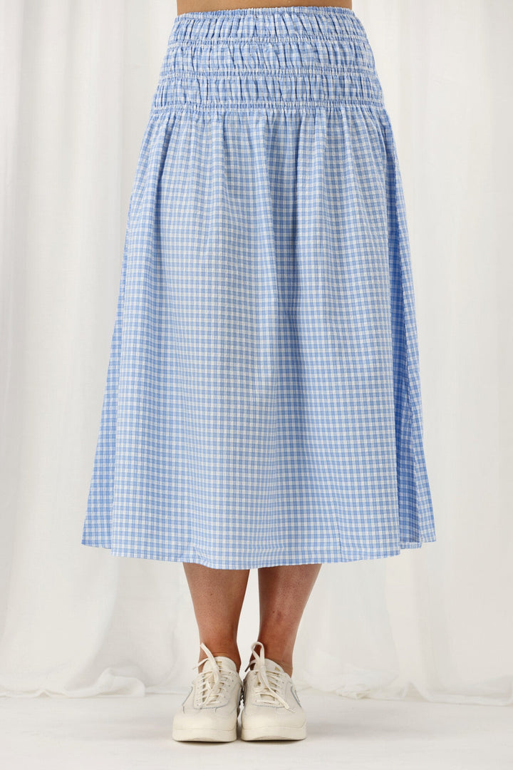 Label Haylene Shirred Waist Skirt Blue Gingham