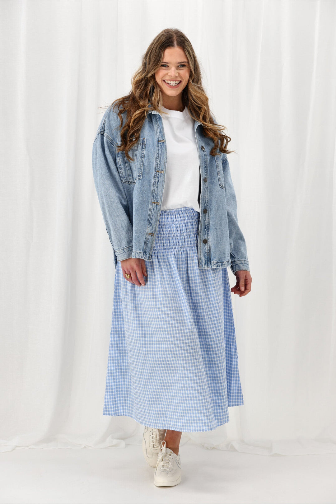Label Haylene Shirred Waist Skirt Blue Gingham